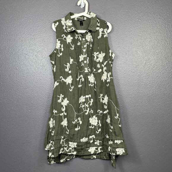 Vasna Linen Blend Dress Size Large Floral Embroidered Boho Green Sleeveless NEW - Picture 1 of 5